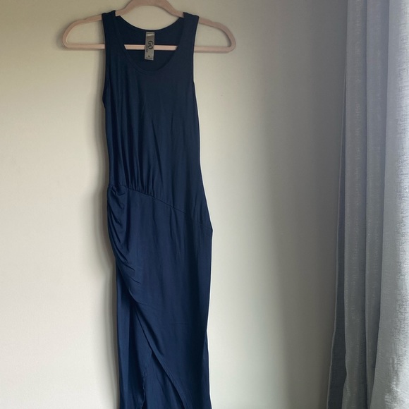 Go Couture Navy High Low Drape Dress w Side Slit